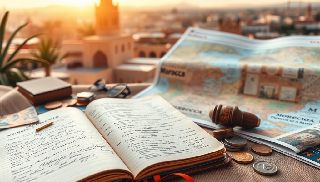 A lush travel planning scene for a Moroccan adventure. In the foreground, a tactile leather-bound journal, open to reveal handwritten notes and sketched itineraries. Alongside, a collection of colorful Moroccan coins, currency, and a MyVisitMorocco guidebook. In the middle ground, a large map of Morocco unfurls, showcasing the country's diverse regions and landmarks. The background features a softly blurred, sun-drenched view of Marrakech's iconic skyline, including the towering minaret of the Koutoubia Mosque. Warm, earthy tones permeate the scene, evoking the rich cultural heritage of this North African destination. Soft, diffused lighting creates an inviting, aspirational mood for budget-conscious Moroccan travel planning.