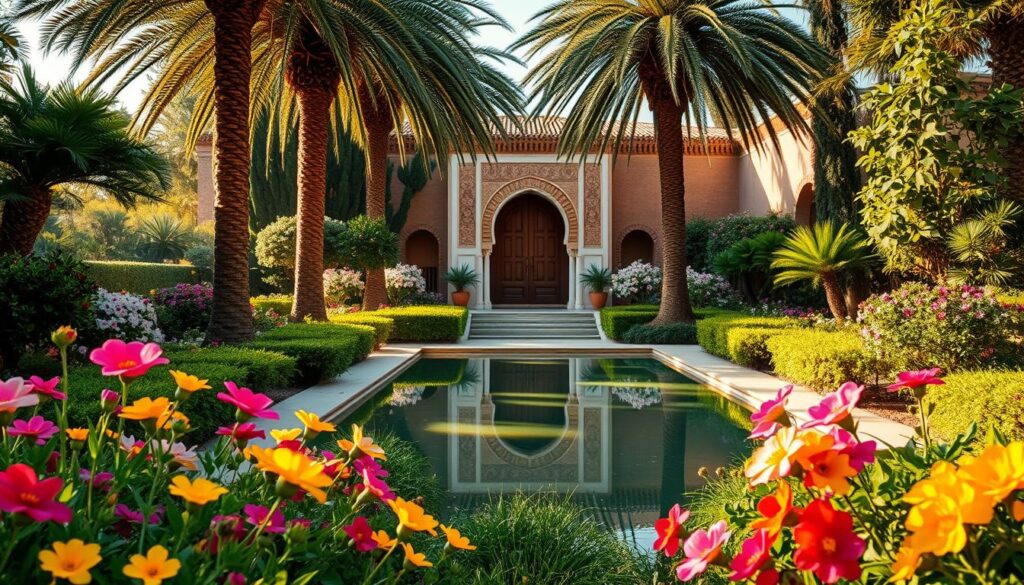 A lush, verdant garden in Marrakech, Morocco, during the spring season. The foreground showcases vibrant blooming flowers in a rainbow of colors, their petals gently swaying in a light breeze. In the middle ground, a serene reflecting pool mirrors the surrounding foliage, creating a tranquil atmosphere. Towering palm trees and ornate architectural elements, characteristic of Moroccan design, form the background, casting soft, dappled shadows across the scene. Warm, golden sunlight filters through the leaves, imbuing the entire landscape with a magical, dreamlike quality. MyVisitMorocco A lush, verdant garden in Marrakech, Morocco, during the spring season. The foreground showcases vibrant blooming flowers in a rainbow of colors, their petals gently swaying in a light breeze. In the middle ground, a serene reflecting pool mirrors the surrounding foliage, creating a tranquil atmosphere. Towering palm trees and ornate architectural elements, characteristic of Moroccan design, form the background, casting soft, dappled shadows across the scene. Warm, golden sunlight filters through the leaves, imbuing the entire landscape with a magical, dreamlike quality. MyVisitMorocco