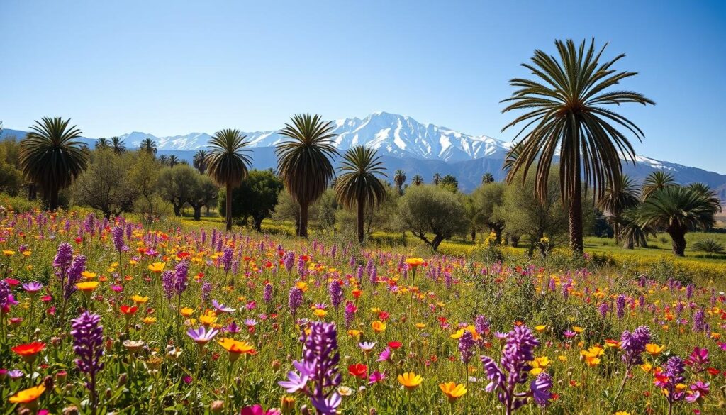 A lush, verdant landscape in the Atlas Mountains of Morocco, bathed in the warm glow of the spring sun. In the foreground, a vibrant carpet of wildflowers in shades of purple, yellow, and pink sway gently in the breeze. Towering date palms and olive trees line the middle ground, their leaves rustling softly. In the distance, the snow-capped peaks of the Toubkal massif rise majestically against a clear, azure sky. The scene exudes a sense of tranquility and renewal, capturing the essence of Morocco's captivating spring season. MyVisitMorocco A lush, verdant landscape in the Atlas Mountains of Morocco, bathed in the warm glow of the spring sun. In the foreground, a vibrant carpet of wildflowers in shades of purple, yellow, and pink sway gently in the breeze. Towering date palms and olive trees line the middle ground, their leaves rustling softly. In the distance, the snow-capped peaks of the Toubkal massif rise majestically against a clear, azure sky. The scene exudes a sense of tranquility and renewal, capturing the essence of Morocco's captivating spring season. MyVisitMorocco