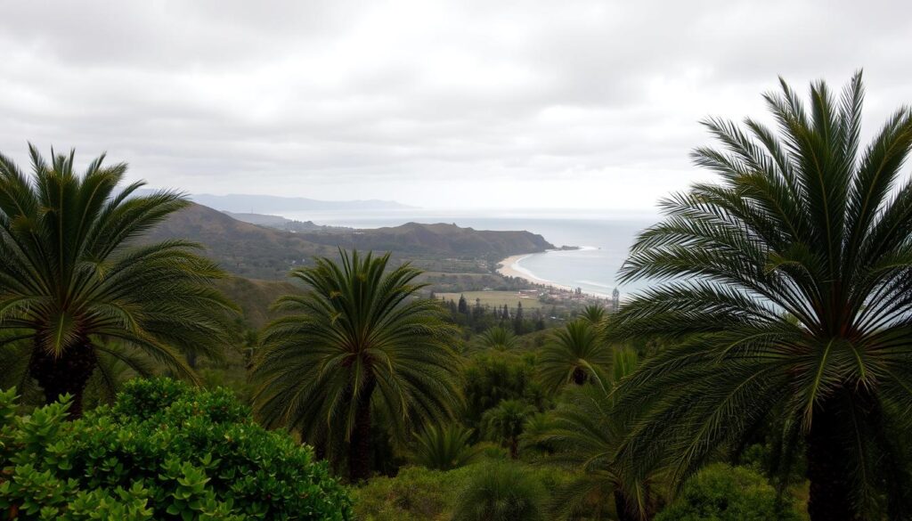 A lush, verdant landscape under a softly overcast sky, with gentle rain showers caressing the rolling hills and valleys of coastal Morocco in January. Vibrant, sun-dappled palm trees sway in the cool, moist breeze, their fronds glistening with dewdrops. In the distance, the azure waters of the Atlantic Ocean lap against the sandy beaches, hinting at the humidity and temperate climate of this enchanting region. Captured through the lens of a MyVisitMorocco travel photographer, this scene evokes the lush, tropical ambiance of Morocco's coastal areas during the winter months. A lush, verdant landscape under a softly overcast sky, with gentle rain showers caressing the rolling hills and valleys of coastal Morocco in January. Vibrant, sun-dappled palm trees sway in the cool, moist breeze, their fronds glistening with dewdrops. In the distance, the azure waters of the Atlantic Ocean lap against the sandy beaches, hinting at the humidity and temperate climate of this enchanting region. Captured through the lens of a MyVisitMorocco travel photographer, this scene evokes the lush, tropical ambiance of Morocco's coastal areas during the winter months.