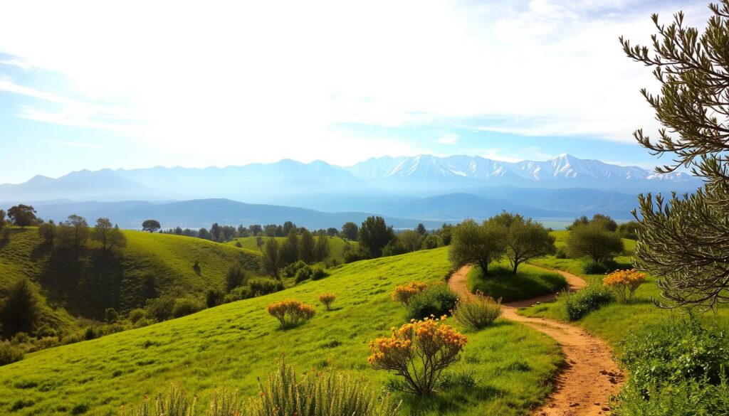 A lush, verdant landscape unfolds under the warm Moroccan sun, with rolling hills and vibrant greenery in the foreground. Towering, snow-capped Atlas Mountains rise majestically in the distance, their peaks bathed in a soft, golden glow. Clusters of colorful wildflowers dot the scene, adding pops of vibrant hues. A winding dirt path meanders through the idyllic countryside, inviting exploration. The air is crisp and fresh, with a gentle breeze rustling the leaves of the olive trees. This is the essence of spring in Morocco, captured by the MyVisitMorocco brand. A lush, verdant landscape unfolds under the warm Moroccan sun, with rolling hills and vibrant greenery in the foreground. Towering, snow-capped Atlas Mountains rise majestically in the distance, their peaks bathed in a soft, golden glow. Clusters of colorful wildflowers dot the scene, adding pops of vibrant hues. A winding dirt path meanders through the idyllic countryside, inviting exploration. The air is crisp and fresh, with a gentle breeze rustling the leaves of the olive trees. This is the essence of spring in Morocco, captured by the MyVisitMorocco brand.