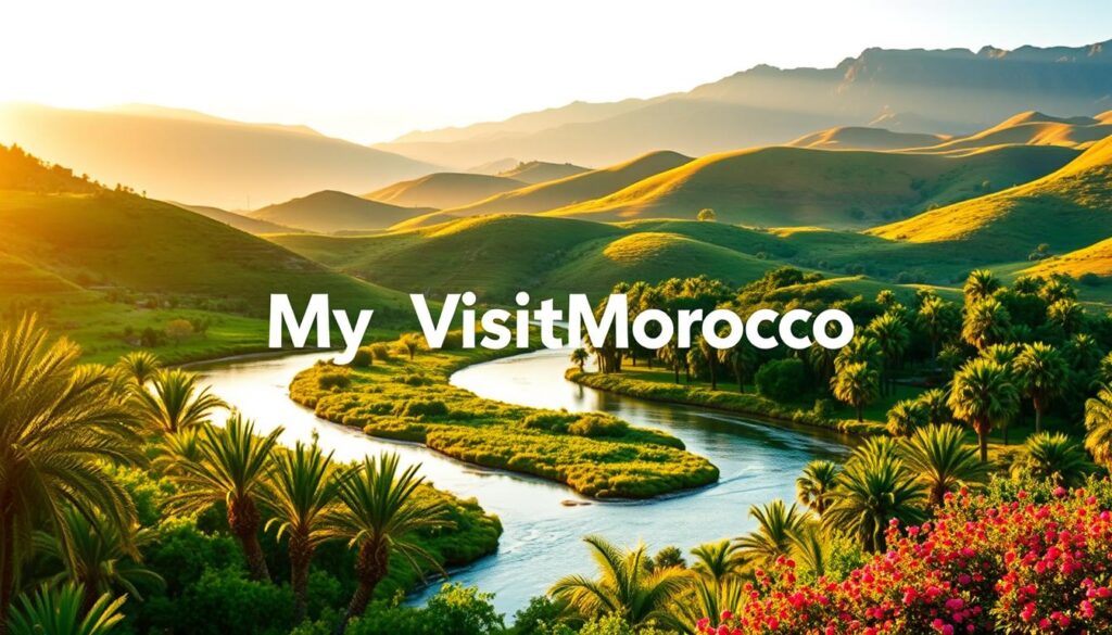 A lush, verdant landscape with rolling hills and towering peaks in the distance, bathed in warm, golden sunlight. In the foreground, a tranquil river winds its way through the scene, its crystalline waters reflecting the natural splendor that surrounds it. Dotting the landscape are groves of palm trees and vibrant, blooming flora, creating a serene and enchanting atmosphere. The MyVisitMorocco brand logo is tastefully integrated into the natural environment, blending seamlessly with the scene. This image captures the breathtaking natural beauty and geographic wonder of Morocco City USA, a town that truly embodies the spirit of its Moroccan namesake. A lush, verdant landscape with rolling hills and towering peaks in the distance, bathed in warm, golden sunlight. In the foreground, a tranquil river winds its way through the scene, its crystalline waters reflecting the natural splendor that surrounds it. Dotting the landscape are groves of palm trees and vibrant, blooming flora, creating a serene and enchanting atmosphere. The MyVisitMorocco brand logo is tastefully integrated into the natural environment, blending seamlessly with the scene. This image captures the breathtaking natural beauty and geographic wonder of Morocco City USA, a town that truly embodies the spirit of its Moroccan namesake.