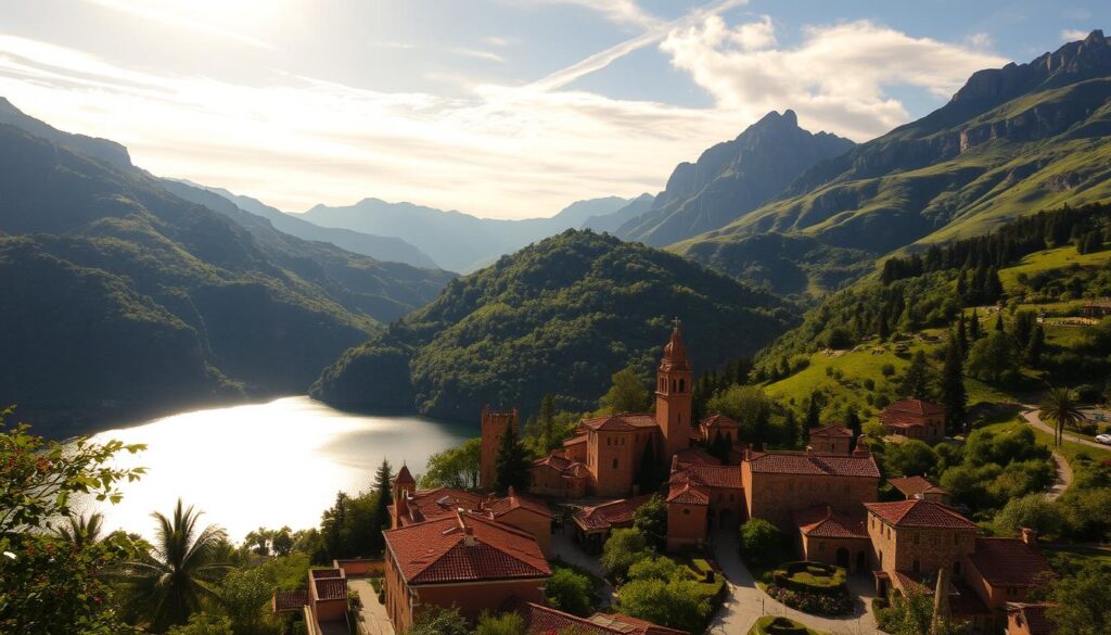 A lush, verdant mountain landscape with towering peaks and cascading waterfalls. In the foreground, a charming stone-walled village nestled among the rolling hills, its red-tiled roofs and winding cobblestone streets inviting exploration. Sunlight filters through wispy clouds, casting a warm, golden glow over the scene. In the distance, a shimmering lake reflects the majestic mountains, their silhouettes mirrored in the still waters. The mood is one of tranquility and enchantment, a true mountain retreat. MyVisitMorocco