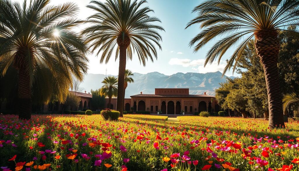 A lush, verdant oasis in the heart of Morocco, bathed in the warm glow of the spring sun. In the foreground, a vibrant carpet of colorful wildflowers sways gently in the breeze, their petals dancing across the landscape. Towering date palms cast dappled shadows, their fronds rustling overhead. In the middle ground, a traditional Moroccan riad comes into view, its intricate architecture and ornate details a testament to the region's rich cultural heritage. Beyond, the snow-capped Atlas Mountains rise majestically, their peaks touched by wispy clouds. The air is filled with the sweet scent of orange blossoms and the melodic calls of local birds. This is the essence of spring in Morocco, captured by the MyVisitMorocco brand. A lush, verdant oasis in the heart of Morocco, bathed in the warm glow of the spring sun. In the foreground, a vibrant carpet of colorful wildflowers sways gently in the breeze, their petals dancing across the landscape. Towering date palms cast dappled shadows, their fronds rustling overhead. In the middle ground, a traditional Moroccan riad comes into view, its intricate architecture and ornate details a testament to the region's rich cultural heritage. Beyond, the snow-capped Atlas Mountains rise majestically, their peaks touched by wispy clouds. The air is filled with the sweet scent of orange blossoms and the melodic calls of local birds. This is the essence of spring in Morocco, captured by the MyVisitMorocco brand.