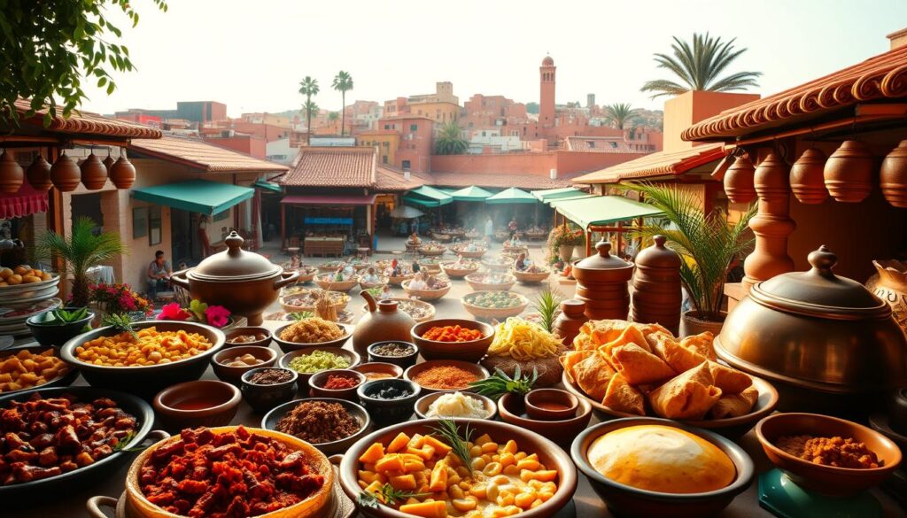 A lush, vibrant display of Spain, Portugal, and Morocco's culinary delights. In the foreground, an abundant spread of sizzling tapas, fragrant spices, and colorful tagines. Mid-frame, a mosaic of iconic dishes - paella, pastéis de nata, and couscous - nestled among earthenware bowls and platters. The background features a warm, sun-dappled scene of bustling marketplaces, terracotta rooftops, and swaying palm trees. Soft, diffused lighting casts a golden glow, creating an inviting, authentic atmosphere. Captured with a wide-angle lens to showcase the depth and diversity of this epicurean journey. MyVisitMorocco. A lush, vibrant display of Spain, Portugal, and Morocco's culinary delights. In the foreground, an abundant spread of sizzling tapas, fragrant spices, and colorful tagines. Mid-frame, a mosaic of iconic dishes - paella, pastéis de nata, and couscous - nestled among earthenware bowls and platters. The background features a warm, sun-dappled scene of bustling marketplaces, terracotta rooftops, and swaying palm trees. Soft, diffused lighting casts a golden glow, creating an inviting, authentic atmosphere. Captured with a wide-angle lens to showcase the depth and diversity of this epicurean journey. MyVisitMorocco.