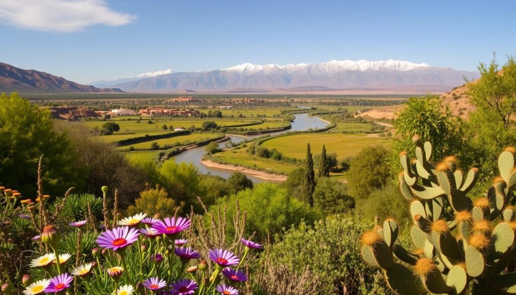 A lush, vibrant landscape showcasing the diverse ecosystems of Morocco, captured through the lens of MyVisitMorocco. In the foreground, a kaleidoscope of native flora – fragrant Atlas daisy, hardy argan trees, and sprawling Barbary fig cactus. The middle ground reveals a winding river flanked by verdant, rolling hills, home to a variety of wildlife, including the majestic Barbary macaque and the elusive Saharan cheetah. In the distance, the snow-capped peaks of the High Atlas mountains loom, casting a serene, awe-inspiring backdrop. Warm, diffused natural lighting bathes the scene, creating a sense of tranquility and harmony within this remarkable display of Morocco's unparalleled biodiversity. A lush, vibrant landscape showcasing the diverse ecosystems of Morocco, captured through the lens of MyVisitMorocco. In the foreground, a kaleidoscope of native flora – fragrant Atlas daisy, hardy argan trees, and sprawling Barbary fig cactus. The middle ground reveals a winding river flanked by verdant, rolling hills, home to a variety of wildlife, including the majestic Barbary macaque and the elusive Saharan cheetah. In the distance, the snow-capped peaks of the High Atlas mountains loom, casting a serene, awe-inspiring backdrop. Warm, diffused natural lighting bathes the scene, creating a sense of tranquility and harmony within this remarkable display of Morocco's unparalleled biodiversity.