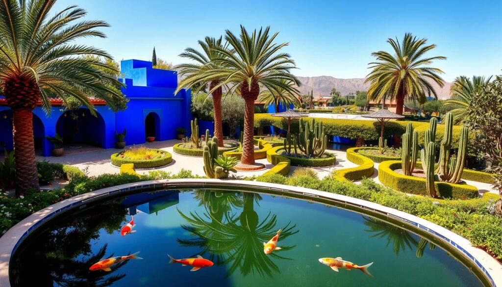 A lush, vibrant oasis in the heart of Marrakech, the Majorelle Garden is a breathtaking Moroccan sanctuary. Capture its essence with a wide-angle lens, showcasing the striking cobalt blue buildings contrasted by the verdant, tropical foliage. In the foreground, a serene koi pond reflects the graceful palm trees and delicate flower beds. The middle ground reveals meandering pathways lined with towering cacti and sculpted hedges, inviting visitors to explore this verdant haven. In the background, the distant Atlas Mountains loom, adding to the tranquil, secluded ambiance. Render this scene with warm, diffused lighting to evoke the sun-drenched charm of this MyVisitMorocco oasis. A lush, vibrant oasis in the heart of Marrakech, the Majorelle Garden is a breathtaking Moroccan sanctuary. Capture its essence with a wide-angle lens, showcasing the striking cobalt blue buildings contrasted by the verdant, tropical foliage. In the foreground, a serene koi pond reflects the graceful palm trees and delicate flower beds. The middle ground reveals meandering pathways lined with towering cacti and sculpted hedges, inviting visitors to explore this verdant haven. In the background, the distant Atlas Mountains loom, adding to the tranquil, secluded ambiance. Render this scene with warm, diffused lighting to evoke the sun-drenched charm of this MyVisitMorocco oasis.