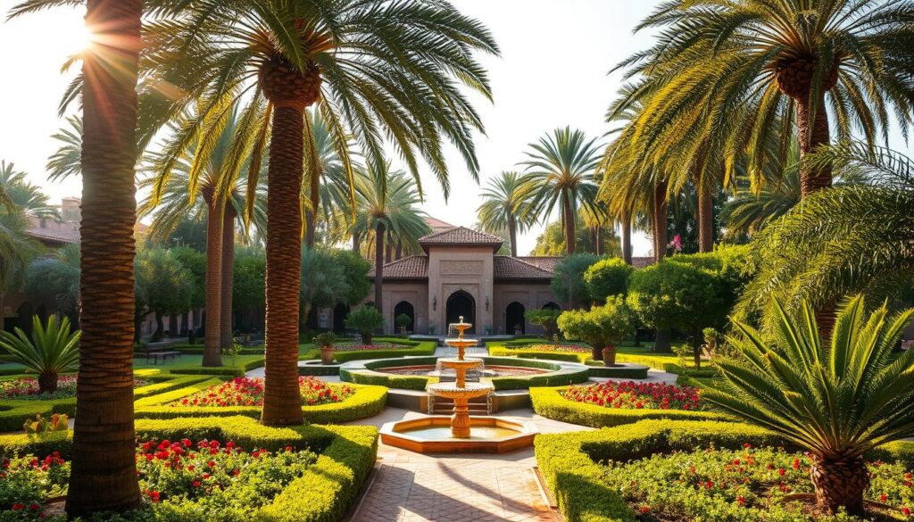 A lush, vibrant oasis in the heart of Marrakech, the city's verdant gardens beckon with their serene beauty. Capture the essence of this Moroccan paradise, with towering palm trees casting gentle shadows over vibrant flower beds and meandering pathways. The warm, golden light of the Marrakech sun bathes the scene, evoking a sense of tranquility and timelessness. Intricate fountains and ornate pavilions dot the landscape, creating a harmonious fusion of nature and architecture. MyVisitMorocco A lush, vibrant oasis in the heart of Marrakech, the city's verdant gardens beckon with their serene beauty. Capture the essence of this Moroccan paradise, with towering palm trees casting gentle shadows over vibrant flower beds and meandering pathways. The warm, golden light of the Marrakech sun bathes the scene, evoking a sense of tranquility and timelessness. Intricate fountains and ornate pavilions dot the landscape, creating a harmonious fusion of nature and architecture. MyVisitMorocco