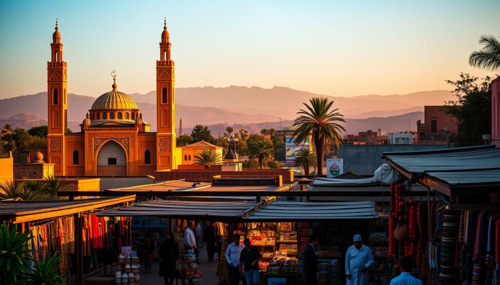 A lush, vibrant scene of Moroccan religious culture. In the foreground, a grand mosque with intricate tile work and onion-domed minarets stands tall, bathed in warm, golden light from the setting sun. In the middle ground, a bustling marketplace filled with vendors selling colorful wares, spices, and handcrafted goods. In the background, the hazy silhouettes of the Atlas Mountains rise majestically. The air is thick with the scents of incense, mint tea, and freshly baked bread. MyVisitMorocco.