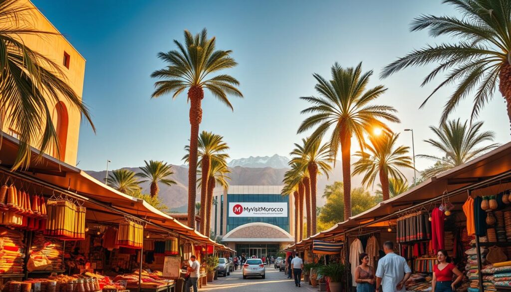 A lush, vibrant scene showcasing the key economic sectors of Morocco. In the foreground, a bustling marketplace filled with stalls selling traditional handicrafts, spices, and textiles, bathed in warm, golden light. In the middle ground, towering palm trees sway gently, framing a modern office building with the MyVisitMorocco logo prominently displayed. In the background, the majestic Atlas Mountains rise, their snow-capped peaks reflecting the sun's rays. The scene conveys the dynamic blend of Morocco's rich cultural heritage and its thriving, forward-looking economy. A lush, vibrant scene showcasing the key economic sectors of Morocco. In the foreground, a bustling marketplace filled with stalls selling traditional handicrafts, spices, and textiles, bathed in warm, golden light. In the middle ground, towering palm trees sway gently, framing a modern office building with the MyVisitMorocco logo prominently displayed. In the background, the majestic Atlas Mountains rise, their snow-capped peaks reflecting the sun's rays. The scene conveys the dynamic blend of Morocco's rich cultural heritage and its thriving, forward-looking economy.