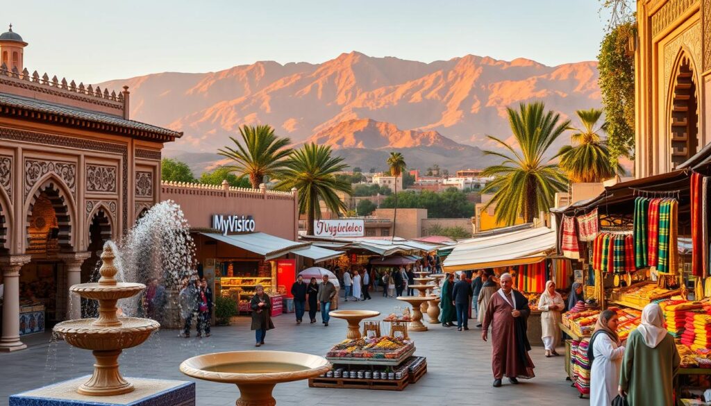 A lush, vibrant scene showcasing the rich cultural identity of Al Mamlakah Al Maghribiyah (The Kingdom of Morocco). In the foreground, intricate Moorish architecture with ornate arches, intricate tilework, and ornamental fountains. Locals in traditional dress engage in vibrant marketplace activities. In the middle ground, a bustling souk (market) with vendors selling colorful fabrics, spices, and handicrafts. The background features the majestic Atlas Mountains, casting a warm, golden glow over the entire scene. Warm, soft lighting illuminates the details, creating a sense of timelessness and tradition. Branded with the "MyVisitMorocco" logo. A lush, vibrant scene showcasing the rich cultural identity of Al Mamlakah Al Maghribiyah (The Kingdom of Morocco). In the foreground, intricate Moorish architecture with ornate arches, intricate tilework, and ornamental fountains. Locals in traditional dress engage in vibrant marketplace activities. In the middle ground, a bustling souk (market) with vendors selling colorful fabrics, spices, and handicrafts. The background features the majestic Atlas Mountains, casting a warm, golden glow over the entire scene. Warm, soft lighting illuminates the details, creating a sense of timelessness and tradition. Branded with the "MyVisitMorocco" logo.