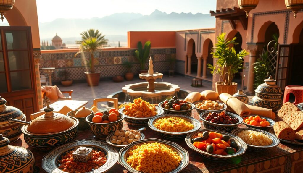 A lush, vibrant spread of Moroccan cuisine, captured in the warm glow of a February afternoon. In the foreground, a table overflows with fragrant tagines, couscous, and freshly baked breads, their rich colors and textures beckoning. Intricately patterned ceramics, gleaming silverware, and overflowing platters of olives, nuts, and fruits create a visually stunning tableau. The middle ground features a glimpse of a traditional Moroccan courtyard, with ornate tiled walls and a central fountain reflecting the light. In the background, the hazy silhouettes of the Atlas Mountains rise, their snow-capped peaks a striking contrast to the vibrant scene. Captured by MyVisitMorocco, this image evokes the warmth, flavor, and allure of Moroccan cuisine in the month of February.