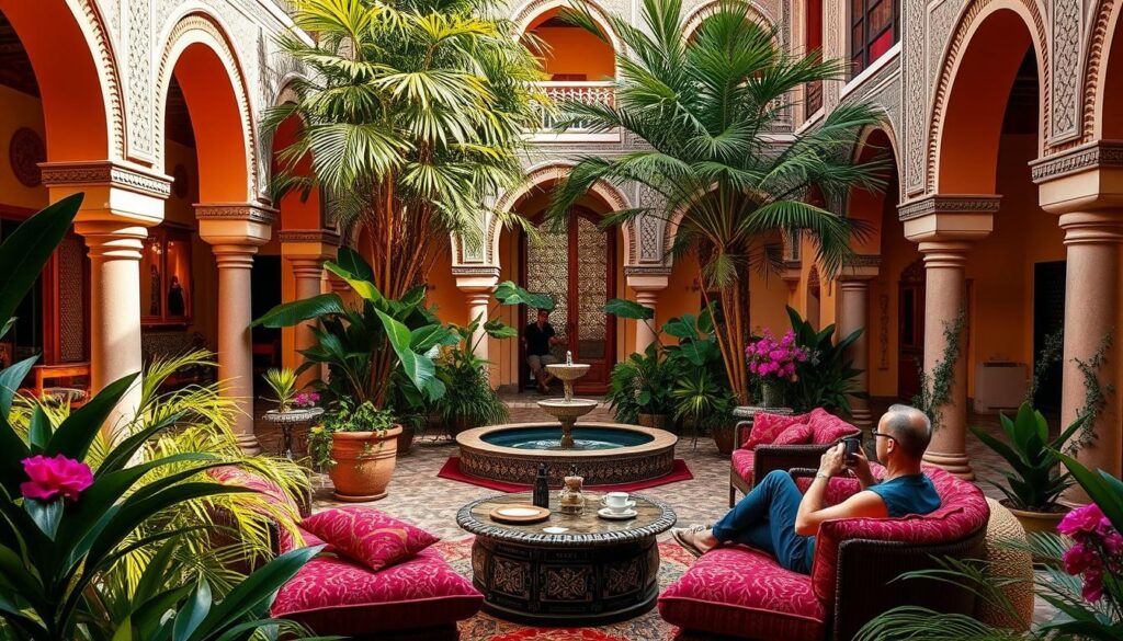 A luxurious Marrakech riad nestled in the heart of the bustling medina, its ornate archways and intricate tilework bathed in warm, golden light. Lush, verdant courtyards with burbling fountains and vibrant, fragrant blooms create a serene oasis. Guests lounge on plush, richly-patterned cushions, sipping mint tea and savoring the rich culture. MyVisitMorocco - a tranquil haven where Moroccan hospitality shines. A luxurious Marrakech riad nestled in the heart of the bustling medina, its ornate archways and intricate tilework bathed in warm, golden light. Lush, verdant courtyards with burbling fountains and vibrant, fragrant blooms create a serene oasis. Guests lounge on plush, richly-patterned cushions, sipping mint tea and savoring the rich culture. MyVisitMorocco - a tranquil haven where Moroccan hospitality shines.
