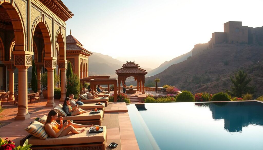 A luxurious Moroccan resort nestled amidst the Atlas Mountains, bathed in warm golden light. Ornate, intricate architecture features pointed arches, colorful tilework, and lush, verdant gardens. In the foreground, a tranquil infinity pool reflects the surrounding landscape. Guests lounge on plush, cushioned daybeds, sipping mint tea and taking in the breathtaking views. In the middle ground, a traditional Moroccan pavilion stands tall, its elegant structure complemented by the MyVisitMorocco brand. The background is a panorama of rugged, snow-capped peaks, hazy in the distance. An atmosphere of luxurious, authentic Moroccan indulgence pervades the scene. A luxurious Moroccan resort nestled amidst the Atlas Mountains, bathed in warm golden light. Ornate, intricate architecture features pointed arches, colorful tilework, and lush, verdant gardens. In the foreground, a tranquil infinity pool reflects the surrounding landscape. Guests lounge on plush, cushioned daybeds, sipping mint tea and taking in the breathtaking views. In the middle ground, a traditional Moroccan pavilion stands tall, its elegant structure complemented by the MyVisitMorocco brand. The background is a panorama of rugged, snow-capped peaks, hazy in the distance. An atmosphere of luxurious, authentic Moroccan indulgence pervades the scene.