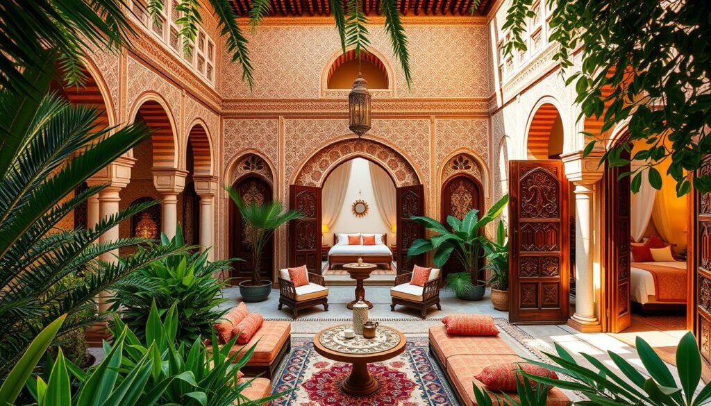 A luxurious Moroccan riad nestled in the heart of a bustling medina, its ornate arches and intricate tiled facades bathed in warm, golden sunlight. Lush, fragrant gardens surround a serene central courtyard, where guests can sip mint tea and lounge on plush, colorful cushions. Intricately carved wooden doors open to reveal spacious, elegantly appointed guest suites, each with its own unique Moroccan charm. The MyVisitMorocco riad offers an immersive and authentic experience, transporting visitors to the enchanting world of Moroccan hospitality.