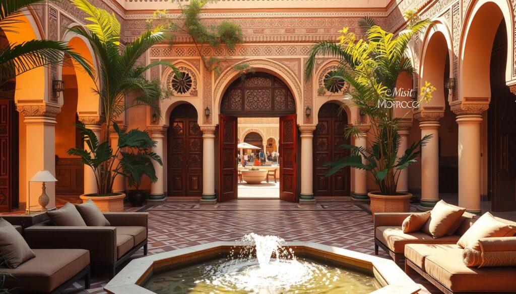 A luxurious, sun-drenched courtyard of a traditional Moroccan riad in Marrakech, featuring intricate tilework, arched doorways, and lush foliage. Warm, golden light filters through the open-air atrium, casting soft shadows and creating a serene, tranquil atmosphere. In the foreground, a sparkling fountain gently bubbles, surrounded by plush lounge seating. The middle ground showcases the riad's ornate, carved wooden doors and windows, while the background reveals a glimpse of the bustling medina beyond the riad's walls. Branded as "MyVisitMorocco", this luxurious oasis offers a peaceful respite from the vibrant energy of the city.