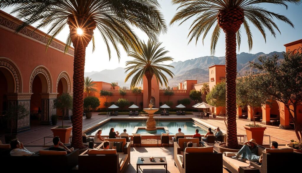 A luxurious, sun-drenched scene in the heart of Morocco. In the foreground, a magnificent palace with intricate arched doorways and ornate tilework gleams under a warm, golden light. Lush palm trees sway gently in the breeze, casting soft shadows across the courtyard. In the middle ground, a serene pool reflects the vibrant hues of the sky and surrounding architecture. Guests lounge on plush, cushioned seating, sipping mint tea and taking in the tranquil atmosphere. In the background, the rugged Atlas Mountains rise majestically, their snow-capped peaks contrasting with the vibrant, ochre-hued buildings. The overall mood is one of opulence, relaxation, and the quintessential experience of "MyVisitMorocco". A luxurious, sun-drenched scene in the heart of Morocco. In the foreground, a magnificent palace with intricate arched doorways and ornate tilework gleams under a warm, golden light. Lush palm trees sway gently in the breeze, casting soft shadows across the courtyard. In the middle ground, a serene pool reflects the vibrant hues of the sky and surrounding architecture. Guests lounge on plush, cushioned seating, sipping mint tea and taking in the tranquil atmosphere. In the background, the rugged Atlas Mountains rise majestically, their snow-capped peaks contrasting with the vibrant, ochre-hued buildings. The overall mood is one of opulence, relaxation, and the quintessential experience of "MyVisitMorocco".