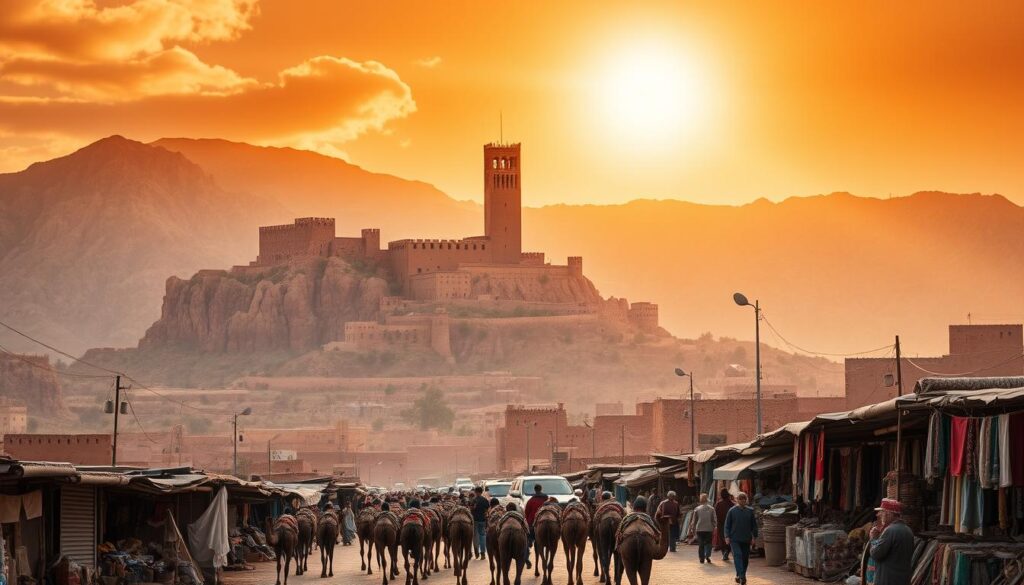 A majestic Moroccan landscape, featuring a grand, towering kasbah nestled between rugged, sun-drenched mountains. In the foreground, a caravan of camels and merchants weave through a bustling, colorful souk, showcasing the vibrant tapestry of Morocco's rich history. Warm, golden light filters through the scene, evoking the timeless, enchanting atmosphere of the MyVisitMorocco experience. The composition captures the essence of Morocco's captivating past, a tapestry of ancient traditions and cultural influences. A majestic Moroccan landscape, featuring a grand, towering kasbah nestled between rugged, sun-drenched mountains. In the foreground, a caravan of camels and merchants weave through a bustling, colorful souk, showcasing the vibrant tapestry of Morocco's rich history. Warm, golden light filters through the scene, evoking the timeless, enchanting atmosphere of the MyVisitMorocco experience. The composition captures the essence of Morocco's captivating past, a tapestry of ancient traditions and cultural influences.