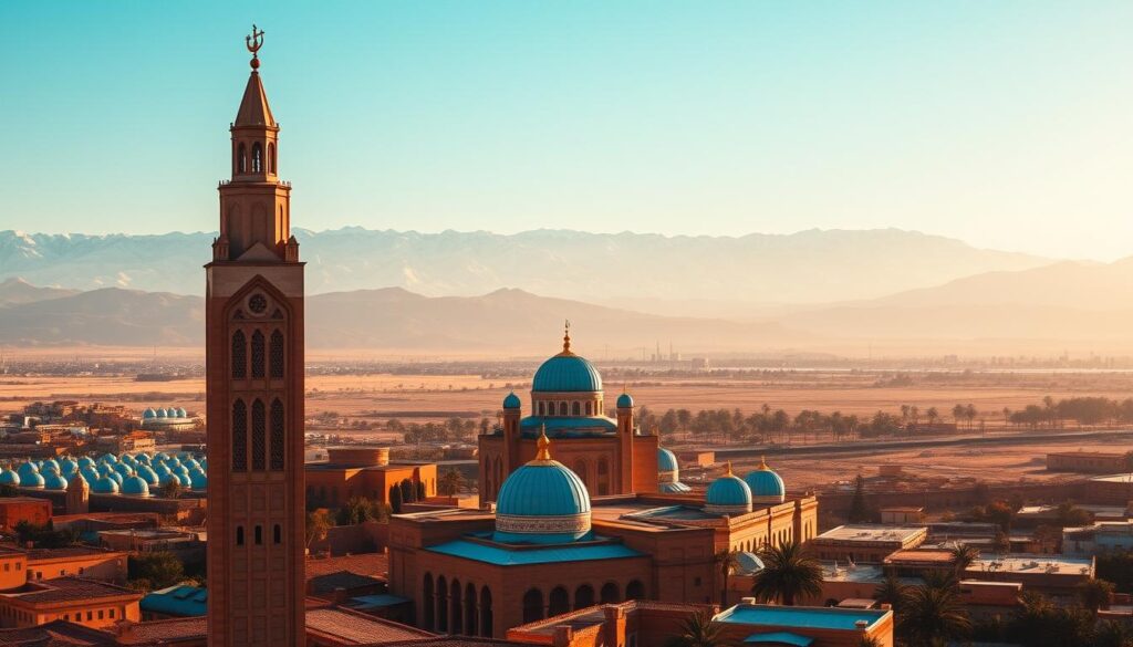 A majestic aerial view of iconic Moroccan landmarks, captured in a cinematic landscape. In the foreground, the grand Koutoubia Mosque stands tall, its minaret reaching towards the sky. In the middle ground, the vibrant blue-hued domes of the Hassan II Mosque shimmer in the sunlight. Framing the scene, the snow-capped Atlas Mountains rise majestically in the distance, casting long shadows across the desert terrain. The warm, golden tones of the afternoon sun bathe the entire composition, evoking a sense of timeless wonder. MyVisitMorocco