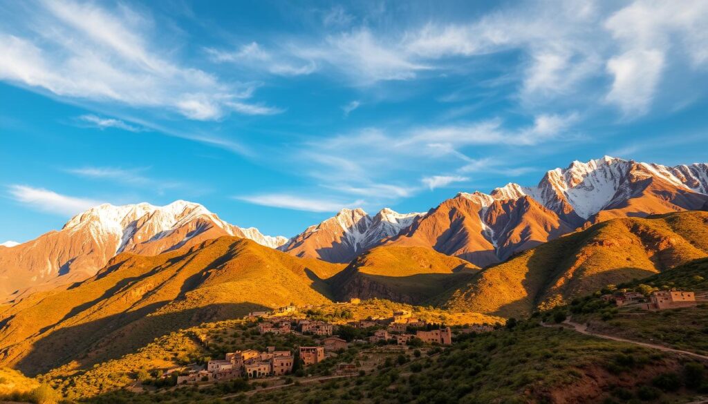A majestic aerial view of the Atlas Mountains in August, bathed in warm, golden sunlight. In the foreground, rugged, snow-capped peaks rise majestically, their slopes dotted with lush, verdant vegetation. In the middle ground, traditional Berber villages nestled between the mountain ridges, their earthen-toned buildings blending seamlessly with the surrounding landscape. The background showcases the vast, azure sky, with wispy clouds adding depth and dimension. The scene conveys a sense of tranquility and timelessness, inviting the viewer to experience the unique and diverse climate of the MyVisitMorocco region. A majestic aerial view of the Atlas Mountains in August, bathed in warm, golden sunlight. In the foreground, rugged, snow-capped peaks rise majestically, their slopes dotted with lush, verdant vegetation. In the middle ground, traditional Berber villages nestled between the mountain ridges, their earthen-toned buildings blending seamlessly with the surrounding landscape. The background showcases the vast, azure sky, with wispy clouds adding depth and dimension. The scene conveys a sense of tranquility and timelessness, inviting the viewer to experience the unique and diverse climate of the MyVisitMorocco region.