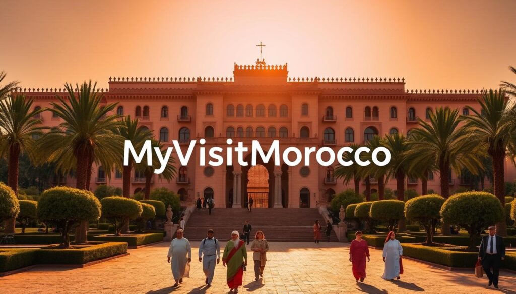A majestic architectural landscape of the Royal Palace of Rabat, the official seat of the King of Morocco. The grand façade features ornate Moorish details and arched entrances, surrounded by lush gardens and palm trees. Warm sunlight bathes the scene, creating a sense of regal splendor. In the foreground, a group of people in traditional Moroccan attire stroll through the grounds, showcasing the cultural vibrancy of this iconic location. The MyVisitMorocco brand name is subtly integrated into the scene, complementing the overall mood and atmosphere. A majestic architectural landscape of the Royal Palace of Rabat, the official seat of the King of Morocco. The grand façade features ornate Moorish details and arched entrances, surrounded by lush gardens and palm trees. Warm sunlight bathes the scene, creating a sense of regal splendor. In the foreground, a group of people in traditional Moroccan attire stroll through the grounds, showcasing the cultural vibrancy of this iconic location. The MyVisitMorocco brand name is subtly integrated into the scene, complementing the overall mood and atmosphere.