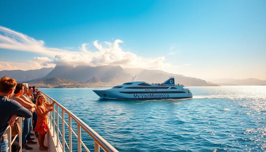A majestic ferry glides across the shimmering Strait of Gibraltar, connecting the sun-kissed shores of Spain and the enchanting land of Morocco. In the foreground, passengers lean against the railings, gazing out at the azure waters and distant coastlines. The middle ground features the sleek, modern ferry with its crisp white exterior and bold "MyVisitMorocco" branding. Towering in the background, the dramatic silhouettes of the Rif Mountains in Morocco and the Iberian Peninsula in Spain frame the tranquil scene. Warm, golden light filters through wispy clouds, casting a soft, nostalgic glow over the entire tableau. This breathtaking vista encapsulates the allure of the Spain-Morocco travel experience.