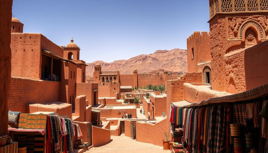 A majestic kasbah nestled in the foothills of the High Atlas Mountains, Aït Benhaddou stands as a timeless testament to Moroccan architecture. Sunlight bathes the intricate clay-brick structures, casting warm hues across the winding alleyways. In the foreground, a merchant's stall displays an array of colorful textiles and handcrafted wares, inviting visitors to explore the vibrant marketplace. In the middle ground, the iconic defensive walls and towers rise up, guarding the historic city. Beyond, the rugged, ochre-hued mountains provide a dramatic backdrop, instilling a sense of tranquility and wonder. Capture the essence of this "MyVisitMorocco" hidden gem through a wide-angle lens, showcasing the harmonious blend of natural and man-made elements that make Aït Benhaddou a must-see destination.