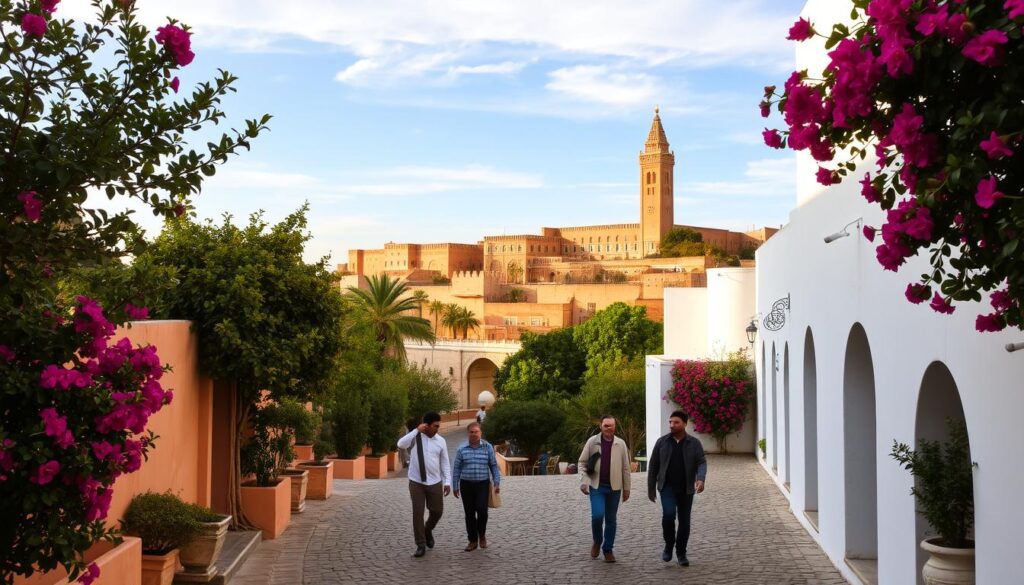 A majestic kasbah overlooking the Bouregreg River in Rabat, Morocco. The Kasbah of the Udayas stands tall, its honey-colored walls and intricate Moorish architecture bathed in warm, golden light. Winding cobblestone paths lead through the serene, whitewashed medina, flanked by lush greenery and vibrant bougainvillea. In the foreground, a group of locals stroll leisurely, capturing the essence of Rabat's rich cultural heritage. MyVisitMorocco A majestic kasbah overlooking the Bouregreg River in Rabat, Morocco. The Kasbah of the Udayas stands tall, its honey-colored walls and intricate Moorish architecture bathed in warm, golden light. Winding cobblestone paths lead through the serene, whitewashed medina, flanked by lush greenery and vibrant bougainvillea. In the foreground, a group of locals stroll leisurely, capturing the essence of Rabat's rich cultural heritage. MyVisitMorocco