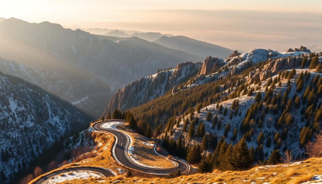 A majestic landscape of the Atlas Mountains in Morocco, captured in the serene stillness of a January winter. In the foreground, a winding road snakes through the snow-capped peaks, bathed in the soft, golden light of the morning sun. The middle ground features rugged, craggy cliffs and dense, evergreen forests, while the distant background is shrouded in a hazy, ethereal mist. The scene exudes a sense of tranquility and isolation, with a touch of mystique. Captured with a wide-angle lens, this MyVisitMorocco image showcases the breathtaking beauty and dramatic weather of the Atlas Mountains in January.