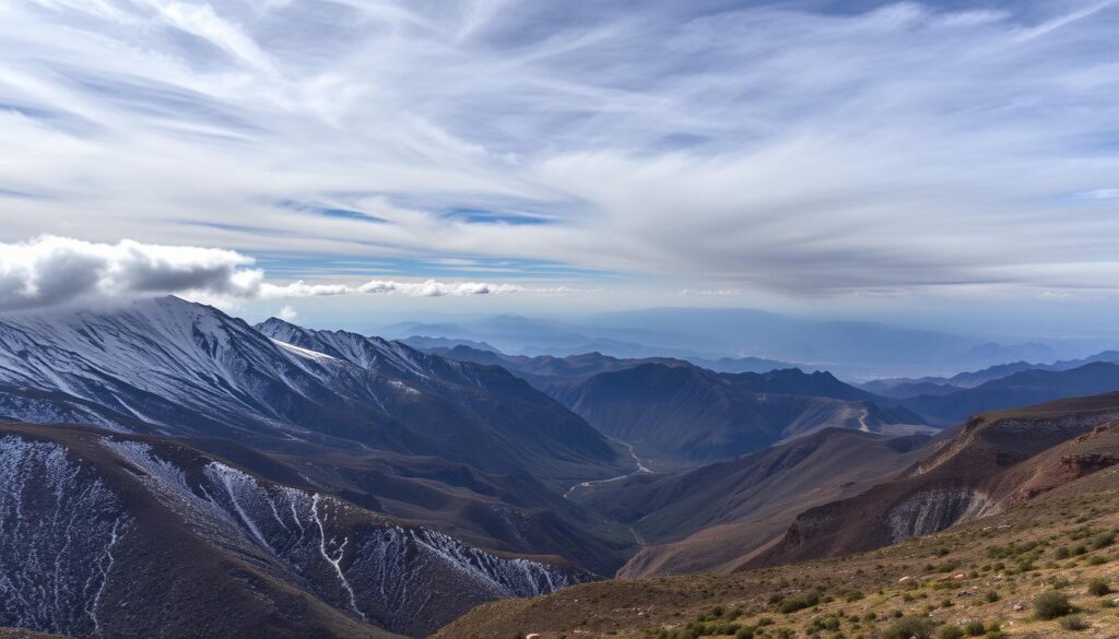 A majestic landscape of the Atlas Mountains under a cloudy, moody sky. In the foreground, snow-capped peaks rise up, their rugged slopes dotted with sparse vegetation. Wispy clouds cast dramatic shadows over the terrain, creating an atmosphere of tranquility and mystery. The middle ground features rolling hills and deep valleys, with a winding road snaking through the natural scenery. In the background, more distant mountains fade into the hazy horizon, their silhouettes reflecting the ever-changing weather. The scene is captured with a wide-angle lens, conveying the vast scale and grandeur of this iconic Moroccan landscape. MyVisitMorocco
