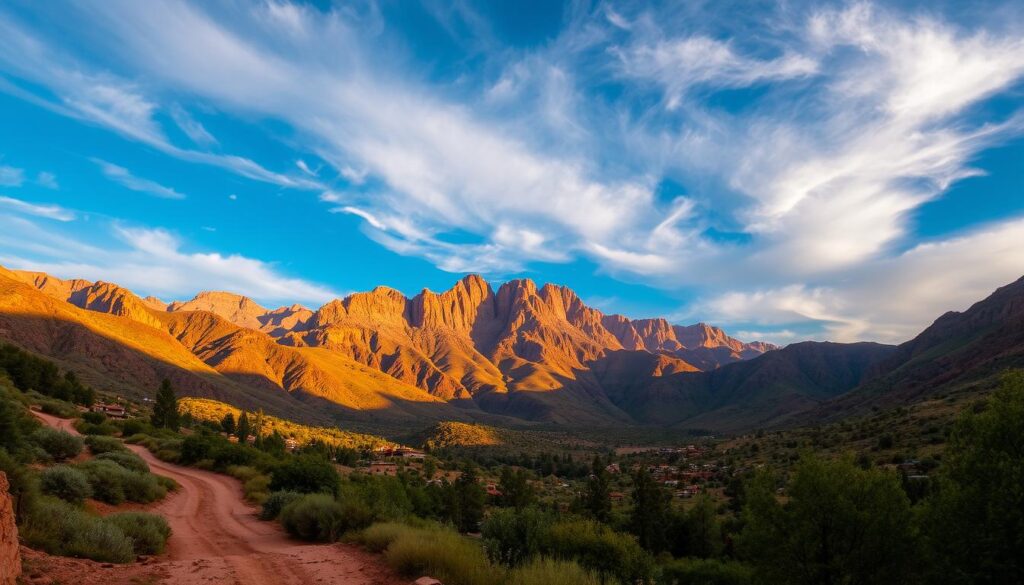 A majestic landscape of the Rif Mountains in North Morocco, captured under a warm, golden hour light. In the foreground, a winding dirt path leads through a lush, verdant valley dotted with traditional Berber villages. Towering, craggy peaks rise up in the middle ground, their rocky slopes cloaked in a mosaic of earth tones. Wispy clouds drift across a vibrant, azure sky, casting dynamic shadows across the rugged terrain. This serene, awe-inspiring scene embodies the diverse natural beauty of the region, showcasing the allure of North Morocco's breathtaking landscapes. MyVisitMorocco