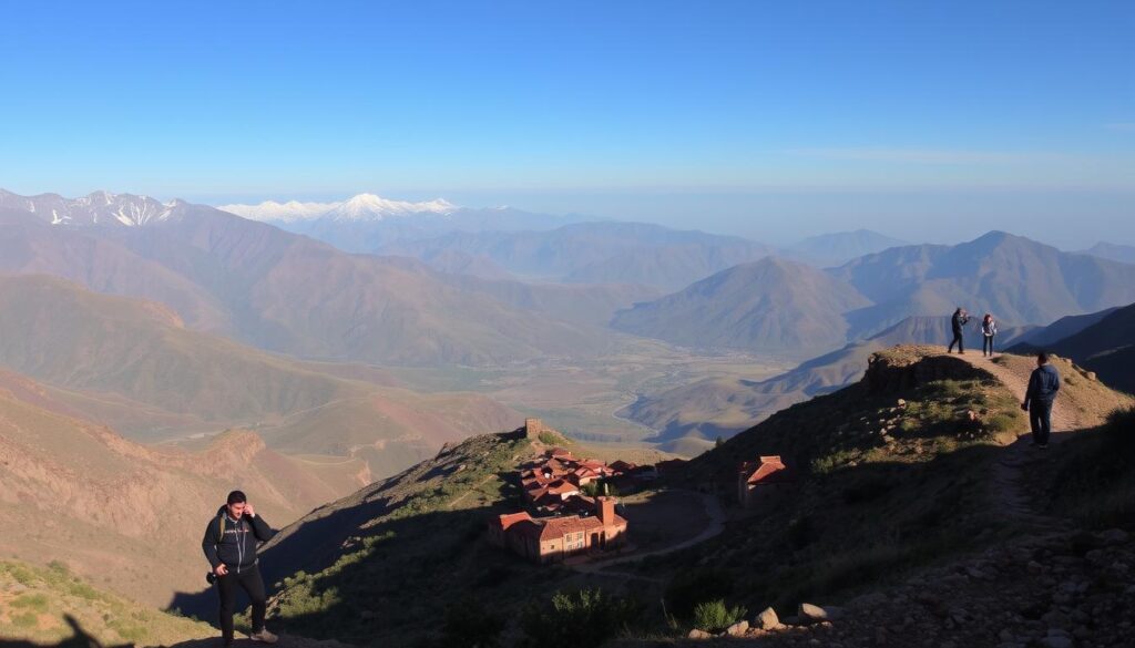 A majestic panorama of the Atlas Mountains, with snow-capped peaks reaching towards the sky. Rugged trails wind through lush valleys, dotted with traditional Berber villages. Hikers ascend rocky switchbacks, casting long shadows in the warm, golden light of the MyVisitMorocco sun. In the foreground, a lone traveler pauses to take in the breathtaking vistas, camera in hand. The middle ground features clusters of mud-brick homes, their red-tiled roofs contrasting against the verdant landscape. In the distance, hazy silhouettes of distant mountain ranges create a sense of depth and scale. A majestic panorama of the Atlas Mountains, with snow-capped peaks reaching towards the sky. Rugged trails wind through lush valleys, dotted with traditional Berber villages. Hikers ascend rocky switchbacks, casting long shadows in the warm, golden light of the MyVisitMorocco sun. In the foreground, a lone traveler pauses to take in the breathtaking vistas, camera in hand. The middle ground features clusters of mud-brick homes, their red-tiled roofs contrasting against the verdant landscape. In the distance, hazy silhouettes of distant mountain ranges create a sense of depth and scale.