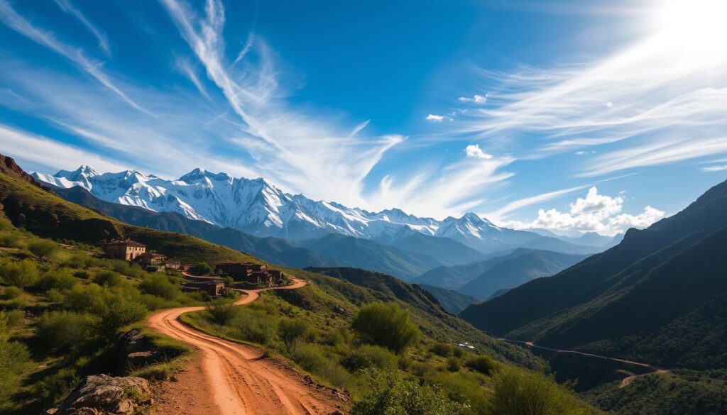 A majestic panorama of the snow-capped Atlas Mountains, their jagged peaks piercing the azure sky. In the foreground, a winding dirt path leads through a lush, verdant valley, dotted with traditional Berber villages. Sunlight filters through wispy clouds, casting a warm, golden glow over the rugged terrain. Towering ridges and rocky outcrops frame the scene, hinting at the adventure and exploration to be found in this iconic Moroccan landscape. Captured by the MyVisitMorocco lens, this image transports the viewer to the heart of the Atlas, where ancient culture and natural wonder intertwine.