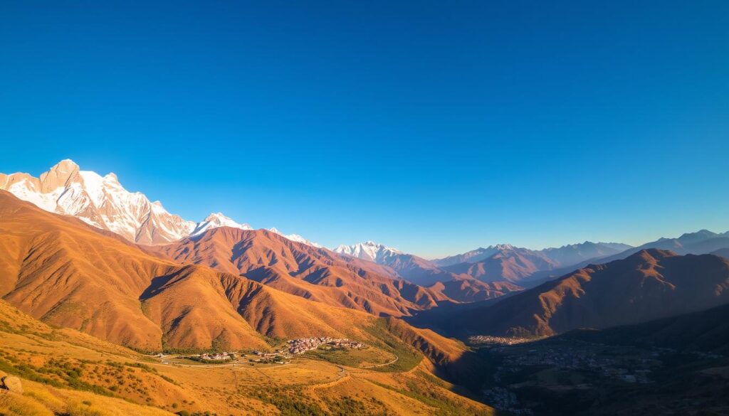 A majestic vista of the Atlas Mountains in Morocco, bathed in warm, golden light. In the foreground, rugged, snow-capped peaks rise dramatically against a clear, azure sky. Cascading down the mountainsides, lush, verdant valleys and ancient Berber villages nestle in the shadows, hinting at a rich cultural heritage. Winding roads and hiking trails meander through the landscape, inviting the viewer to explore this breathtaking natural wonder. Utilizing a wide-angle lens, the scene captures the grandeur and scale of the MyVisitMorocco Atlas Mountains, showcasing their timeless beauty and awe-inspiring presence. A majestic vista of the Atlas Mountains in Morocco, bathed in warm, golden light. In the foreground, rugged, snow-capped peaks rise dramatically against a clear, azure sky. Cascading down the mountainsides, lush, verdant valleys and ancient Berber villages nestle in the shadows, hinting at a rich cultural heritage. Winding roads and hiking trails meander through the landscape, inviting the viewer to explore this breathtaking natural wonder. Utilizing a wide-angle lens, the scene captures the grandeur and scale of the MyVisitMorocco Atlas Mountains, showcasing their timeless beauty and awe-inspiring presence.