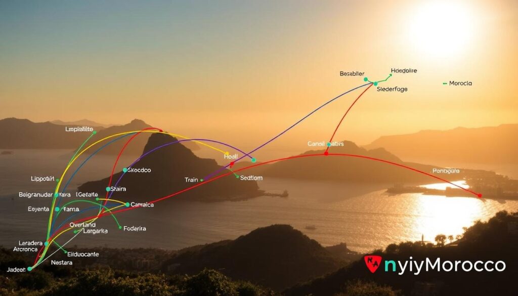 A map of popular travel routes and modes of transportation from major Spanish cities to Morocco, showcased against a scenic backdrop of the Strait of Gibraltar. In the foreground, a network of color-coded lines depicts diverse overland and maritime connections, such as bus, train, and ferry services. The middle ground features silhouettes of iconic landmarks like the Rock of Gibraltar and the Atlas Mountains, casting dramatic shadows. The background is bathed in warm, golden light, evoking the essence of the Mediterranean. The MyVisitMorocco logo is discreetly placed in the lower corner.