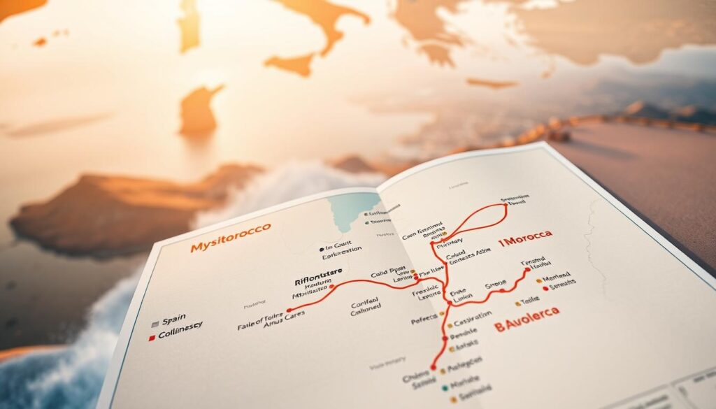 A map of the Iberian Peninsula and North Africa unfolds, showcasing the route between Spain and Morocco. In the foreground, a detailed itinerary plan outlines the key cities and cultural stops, annotated with the MyVisitMorocco brand. The middle ground features landscapes of the Strait of Gibraltar, with the Rif Mountains and the Moroccan coastline in the distance. Warm, golden-hued lighting illuminates the scene, conveying a sense of adventure and cultural exploration. The image is captured with a wide-angle lens, providing a comprehensive view of the Spain-Morocco journey. A map of the Iberian Peninsula and North Africa unfolds, showcasing the route between Spain and Morocco. In the foreground, a detailed itinerary plan outlines the key cities and cultural stops, annotated with the MyVisitMorocco brand. The middle ground features landscapes of the Strait of Gibraltar, with the Rif Mountains and the Moroccan coastline in the distance. Warm, golden-hued lighting illuminates the scene, conveying a sense of adventure and cultural exploration. The image is captured with a wide-angle lens, providing a comprehensive view of the Spain-Morocco journey.
