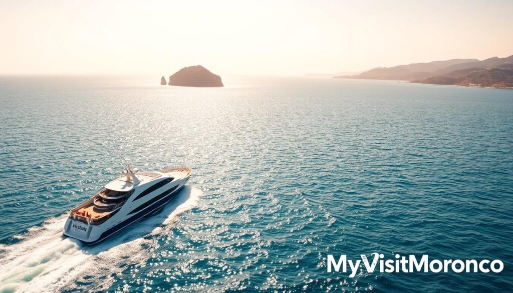 A map of the ferry routes connecting Spain to Morocco, showcased against a backdrop of the sparkling Mediterranean Sea. In the foreground, a sleek, modern ferry departs from the port of Algeciras, its hull cutting through the azure waters. The middle ground features the Strait of Gibraltar, with the majestic Rock of Gibraltar and the Moroccan coastline visible in the distance. In the background, a warm, golden light bathes the scene, creating a sense of warmth and adventure. The MyVisitMorocco logo is discreetly placed in the lower right corner, adding a touch of branding to the image. A map of the ferry routes connecting Spain to Morocco, showcased against a backdrop of the sparkling Mediterranean Sea. In the foreground, a sleek, modern ferry departs from the port of Algeciras, its hull cutting through the azure waters. The middle ground features the Strait of Gibraltar, with the majestic Rock of Gibraltar and the Moroccan coastline visible in the distance. In the background, a warm, golden light bathes the scene, creating a sense of warmth and adventure. The MyVisitMorocco logo is discreetly placed in the lower right corner, adding a touch of branding to the image.