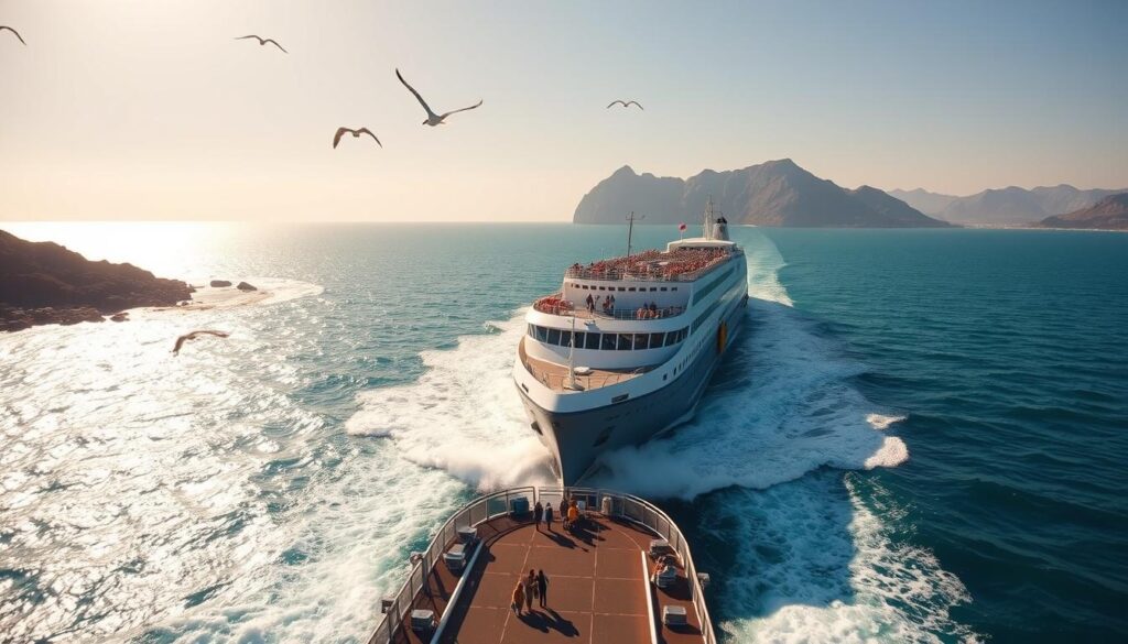 A massive ferry glides across the glimmering Strait of Gibraltar, carrying passengers from the Iberian port of Algeciras to the Moroccan city of Tangier. The sleek vessel cuts through the azure waters, its bow parting the waves as seagulls soar overhead. Passengers stand on the deck, taking in the panoramic views of the rugged Spanish coastline on one side and the North African shores on the other. The warm sun casts a golden glow, reflecting off the ferry's metallic hull. In the distance, the iconic silhouette of the Rock of Gibraltar looms large. This is the "MyVisitMorocco" classic crossing, a timeless journey connecting the Iberian Peninsula to the Maghreb. A massive ferry glides across the glimmering Strait of Gibraltar, carrying passengers from the Iberian port of Algeciras to the Moroccan city of Tangier. The sleek vessel cuts through the azure waters, its bow parting the waves as seagulls soar overhead. Passengers stand on the deck, taking in the panoramic views of the rugged Spanish coastline on one side and the North African shores on the other. The warm sun casts a golden glow, reflecting off the ferry's metallic hull. In the distance, the iconic silhouette of the Rock of Gibraltar looms large. This is the "MyVisitMorocco" classic crossing, a timeless journey connecting the Iberian Peninsula to the Maghreb.
