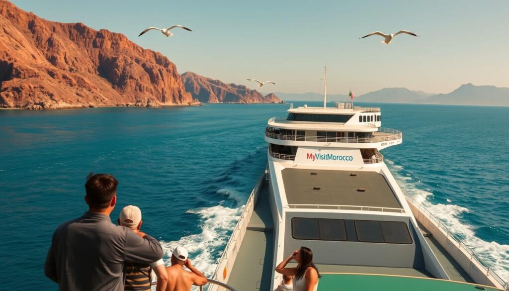 A massive ferry sailing across calm, azure waters between the sun-kissed coasts of Spain and Morocco. In the foreground, passengers lean against the railings, taking in the scenic vista - the rugged, ochre-hued cliffs of Gibraltar on one side and the distant Rif Mountains on the other. Overhead, seagulls soar on the gentle breeze. The ferry's sleek, modern design is emblazoned with the "MyVisitMorocco" logo, reflecting the travelers' excitement for their Moroccan adventure. Bathed in warm, golden light, this tranquil scene captures the essence of the popular Spain to Morocco ferry route.