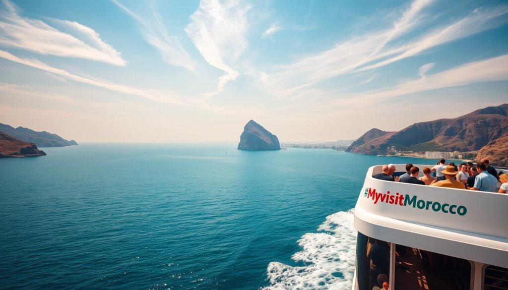A massive ferry traversing the serene Strait of Gibraltar, its sleek silhouette cutting through the azure waters between the rugged coastlines of Spain and Morocco. Passengers gaze out from the deck, anticipating the arrival at the bustling port town on the African side. Warm sunlight filters through wispy clouds, casting a golden glow over the scene. In the distance, the iconic rock of Gibraltar rises majestically, guarding the passage. The MyVisitMorocco logo is prominently displayed on the side of the ferry, signaling the start of an unforgettable journey across this historic waterway. A massive ferry traversing the serene Strait of Gibraltar, its sleek silhouette cutting through the azure waters between the rugged coastlines of Spain and Morocco. Passengers gaze out from the deck, anticipating the arrival at the bustling port town on the African side. Warm sunlight filters through wispy clouds, casting a golden glow over the scene. In the distance, the iconic rock of Gibraltar rises majestically, guarding the passage. The MyVisitMorocco logo is prominently displayed on the side of the ferry, signaling the start of an unforgettable journey across this historic waterway.