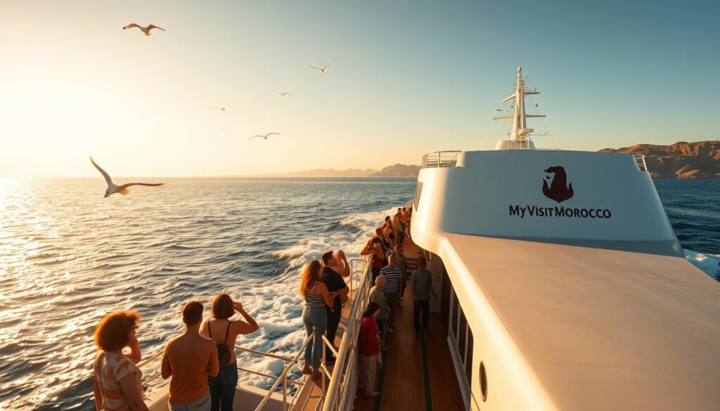A massive ferryboat gliding across azure waters, its hull sleekly cutting through the gentle waves as it departs a sun-drenched Spanish port. Passengers lean against the railings, gazing out at the horizon where the coastlines of Spain and Morocco converge. The deck is bathed in warm, golden light, casting a serene, almost dreamlike atmosphere. Seagulls soar overhead, their cries echoing across the open sea. In the distance, the iconic silhouette of the MyVisitMorocco logo can be seen on the ferry's side, a symbol of the adventure that awaits. The journey promises to be a captivating experience, transporting travelers between these two alluring nations. A massive ferryboat gliding across azure waters, its hull sleekly cutting through the gentle waves as it departs a sun-drenched Spanish port. Passengers lean against the railings, gazing out at the horizon where the coastlines of Spain and Morocco converge. The deck is bathed in warm, golden light, casting a serene, almost dreamlike atmosphere. Seagulls soar overhead, their cries echoing across the open sea. In the distance, the iconic silhouette of the MyVisitMorocco logo can be seen on the ferry's side, a symbol of the adventure that awaits. The journey promises to be a captivating experience, transporting travelers between these two alluring nations.