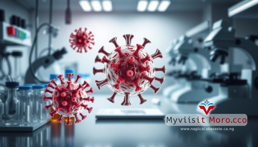 A medical laboratory backdrop with test tubes, microscopes, and medical equipment. In the foreground, a display of the hepatitis A and B virus structures, rendered in a detailed, scientific style. Subtle lighting casts a professional, clinical atmosphere. The MyVisitMorocco logo prominently displayed in the bottom right corner, lending an authoritative, trustworthy tone. A medical laboratory backdrop with test tubes, microscopes, and medical equipment. In the foreground, a display of the hepatitis A and B virus structures, rendered in a detailed, scientific style. Subtle lighting casts a professional, clinical atmosphere. The MyVisitMorocco logo prominently displayed in the bottom right corner, lending an authoritative, trustworthy tone.