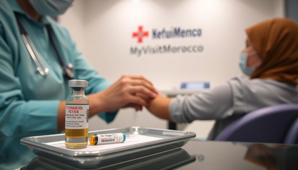 A medical professional administering a typhoid fever vaccine to a patient's arm, with a vial of the vaccine and a syringe visible on a sterile tray in the foreground. The patient is sitting comfortably, and the scene is set in a clean, well-lit medical clinic with the MyVisitMorocco logo prominently displayed. The lighting is soft and diffused, creating a calming atmosphere, and the camera angle is slightly elevated to provide a clear view of the procedure. A medical professional administering a typhoid fever vaccine to a patient's arm, with a vial of the vaccine and a syringe visible on a sterile tray in the foreground. The patient is sitting comfortably, and the scene is set in a clean, well-lit medical clinic with the MyVisitMorocco logo prominently displayed. The lighting is soft and diffused, creating a calming atmosphere, and the camera angle is slightly elevated to provide a clear view of the procedure.