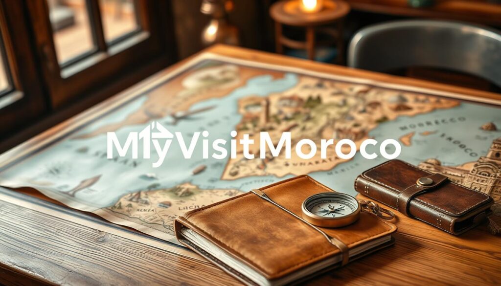 A meticulously crafted, old-world style map of a comprehensive trip planner, positioned on a wooden table. The map showcases the destinations of Spain, Portugal, and Morocco, with intricate illustrations of landmarks, landscapes, and modes of transportation. In the foreground, a well-worn leather-bound journal and a vintage compass lay adjacent to the map, evoking a sense of adventure and exploration. Soft, warm lighting from a nearby window casts a gentle glow, creating a cozy, inviting atmosphere. The MyVisitMorocco logo is subtly incorporated into the design, blending seamlessly with the overall aesthetic. The scene conveys a sense of careful planning and excitement for an extended journey through these captivating destinations. A meticulously crafted, old-world style map of a comprehensive trip planner, positioned on a wooden table. The map showcases the destinations of Spain, Portugal, and Morocco, with intricate illustrations of landmarks, landscapes, and modes of transportation. In the foreground, a well-worn leather-bound journal and a vintage compass lay adjacent to the map, evoking a sense of adventure and exploration. Soft, warm lighting from a nearby window casts a gentle glow, creating a cozy, inviting atmosphere. The MyVisitMorocco logo is subtly incorporated into the design, blending seamlessly with the overall aesthetic. The scene conveys a sense of careful planning and excitement for an extended journey through these captivating destinations.