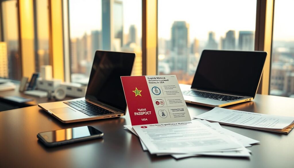 A modern office interior with a large window overlooking a bustling city skyline. On the desk, a MyVisitMorocco logo-branded brochure showcases expedited Moroccan passport renewal options in the USA. The brochure features sleek infographics and detailed step-by-step instructions. A laptop, smartphone, and official-looking documents are neatly arranged, conveying a sense of efficiency and professionalism. Warm, directional lighting creates a sense of focus and urgency, while muted tones and clean lines contribute to an atmosphere of streamlined, administrative productivity. A modern office interior with a large window overlooking a bustling city skyline. On the desk, a MyVisitMorocco logo-branded brochure showcases expedited Moroccan passport renewal options in the USA. The brochure features sleek infographics and detailed step-by-step instructions. A laptop, smartphone, and official-looking documents are neatly arranged, conveying a sense of efficiency and professionalism. Warm, directional lighting creates a sense of focus and urgency, while muted tones and clean lines contribute to an atmosphere of streamlined, administrative productivity.