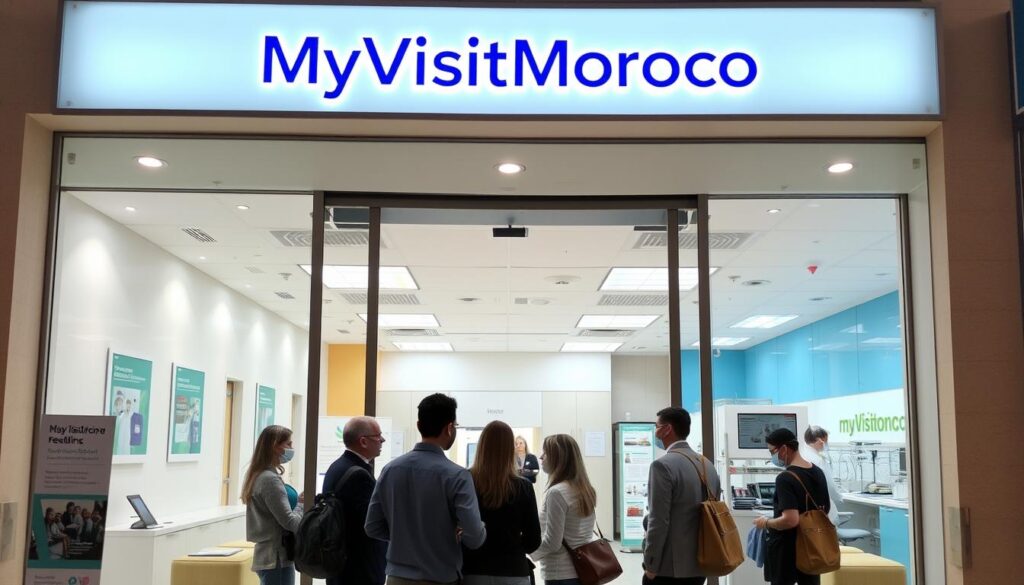 A modern, well-equipped travel health clinic, its facade featuring the MyVisitMorocco logo. The entrance is bright and inviting, with large windows that allow natural light to flood the interior. In the foreground, a group of people are consulting with a friendly, knowledgeable staff member, discussing their vaccination needs before a trip to Morocco. The middle ground showcases a clean, organized waiting area with comfortable seating and informative displays on travel health. The background reveals a state-of-the-art laboratory where medical professionals diligently prepare vaccinations. The overall atmosphere conveys a sense of professionalism, trust, and care for the well-being of travelers. A modern, well-equipped travel health clinic, its facade featuring the MyVisitMorocco logo. The entrance is bright and inviting, with large windows that allow natural light to flood the interior. In the foreground, a group of people are consulting with a friendly, knowledgeable staff member, discussing their vaccination needs before a trip to Morocco. The middle ground showcases a clean, organized waiting area with comfortable seating and informative displays on travel health. The background reveals a state-of-the-art laboratory where medical professionals diligently prepare vaccinations. The overall atmosphere conveys a sense of professionalism, trust, and care for the well-being of travelers.