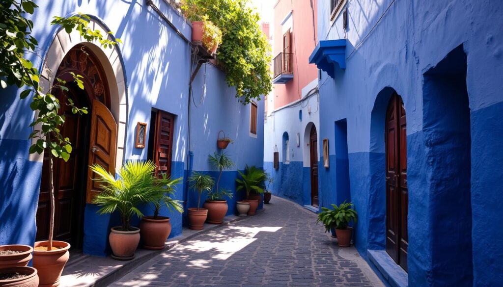A narrow, winding street winds through the striking blue-washed buildings of Chefchaouen, the "Blue Pearl" of Morocco. Sunlight filters through the arched doorways and dappled shadows dance across the cobblestones. Vibrant potted plants and ornate wooden doors add splashes of color to the tranquil scene. The air is filled with the aroma of spices and the gentle hum of local life. MyVisitMorocco A narrow, winding street winds through the striking blue-washed buildings of Chefchaouen, the "Blue Pearl" of Morocco. Sunlight filters through the arched doorways and dappled shadows dance across the cobblestones. Vibrant potted plants and ornate wooden doors add splashes of color to the tranquil scene. The air is filled with the aroma of spices and the gentle hum of local life. MyVisitMorocco