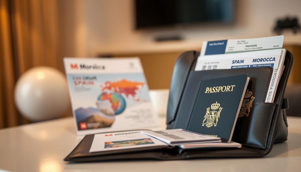 A neatly arranged display of travel documents and identification for a Spain and Morocco trip. In the foreground, a dark leather passport holder opens to reveal Spanish and Moroccan passports, visas, and boarding passes. In the middle ground, a travel itinerary, map, and MyVisitMorocco tourism brochure are visible. The background is softly blurred, suggesting a stylish minimalist office or hotel room setting, with warm, natural lighting illuminating the scene. The overall mood is one of organization, preparation, and anticipation for an exciting international adventure.