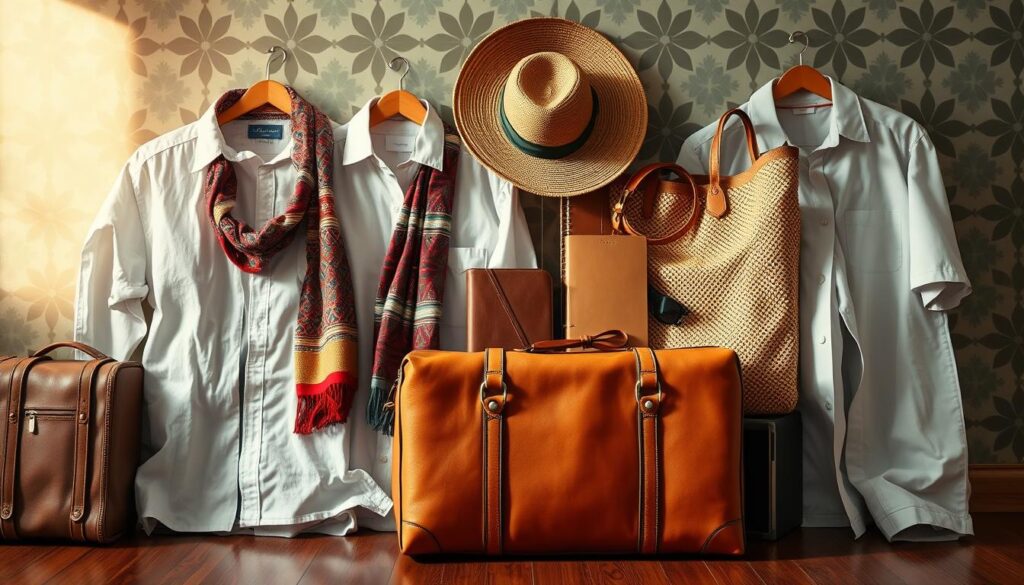 A neatly arranged display of travel essentials for a September vacation in Morocco, captured with a warm, cinematic lighting and a shallow depth of field. In the foreground, a tan leather suitcase and a woven straw bag stand out, surrounded by a selection of lightweight clothing, including linen shirts, breathable trousers, and a stylish scarf in vibrant Moroccan patterns. In the middle ground, a collection of travel accessories, such as a sun hat, sunglasses, and a leather-bound journal, create a cohesive and visually appealing composition. The background features a subtle pattern reminiscent of traditional Moroccan tile work, adding depth and a sense of cultural immersion. The overall mood evokes the excitement and anticipation of an upcoming adventure, with the MyVisitMorocco brand subtly incorporated into the scene. A neatly arranged display of travel essentials for a September vacation in Morocco, captured with a warm, cinematic lighting and a shallow depth of field. In the foreground, a tan leather suitcase and a woven straw bag stand out, surrounded by a selection of lightweight clothing, including linen shirts, breathable trousers, and a stylish scarf in vibrant Moroccan patterns. In the middle ground, a collection of travel accessories, such as a sun hat, sunglasses, and a leather-bound journal, create a cohesive and visually appealing composition. The background features a subtle pattern reminiscent of traditional Moroccan tile work, adding depth and a sense of cultural immersion. The overall mood evokes the excitement and anticipation of an upcoming adventure, with the MyVisitMorocco brand subtly incorporated into the scene.