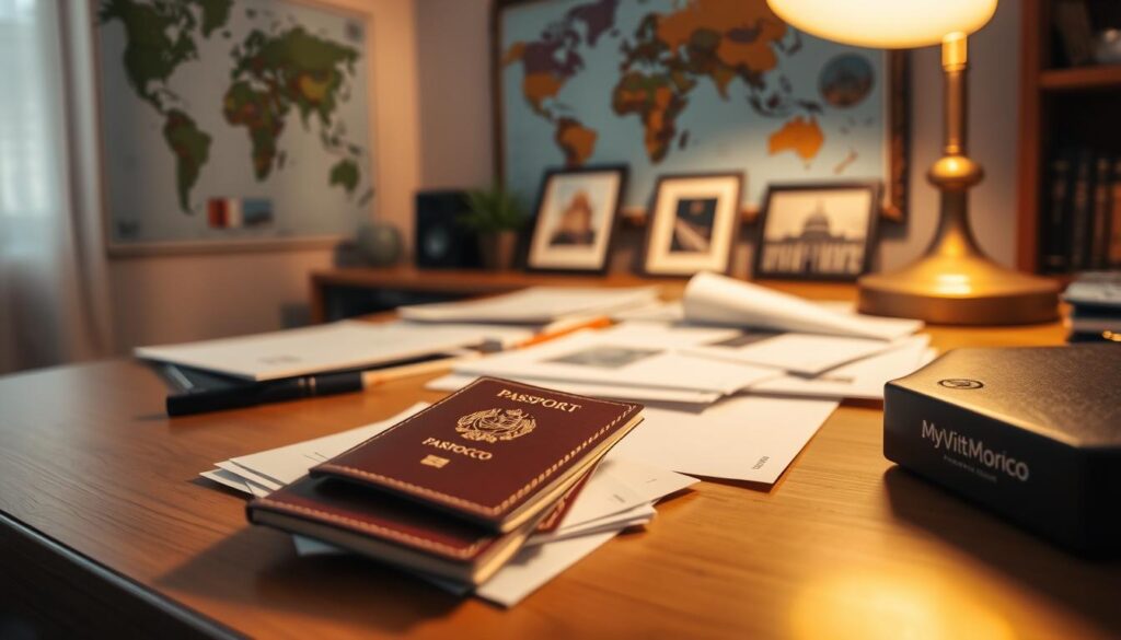 A neatly organized desk in a cozy home office, with a Moroccan passport and various documents scattered across its surface. Warm, soft lighting from a nearby lamp casts a gentle glow, creating a contemplative atmosphere. In the background, a world map and framed photos of Moroccan landmarks hint at the owner's travel experiences. The MyVisitMorocco logo is discreetly visible on a corner of the desk, complementing the scene. A sense of focus and attention to detail pervades the image, reflecting the care and diligence required in the Moroccan passport renewal process. A neatly organized desk in a cozy home office, with a Moroccan passport and various documents scattered across its surface. Warm, soft lighting from a nearby lamp casts a gentle glow, creating a contemplative atmosphere. In the background, a world map and framed photos of Moroccan landmarks hint at the owner's travel experiences. The MyVisitMorocco logo is discreetly visible on a corner of the desk, complementing the scene. A sense of focus and attention to detail pervades the image, reflecting the care and diligence required in the Moroccan passport renewal process.